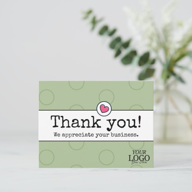 Elegant Sage Green With Heart Business Thank You Postcard (Standing Front)
