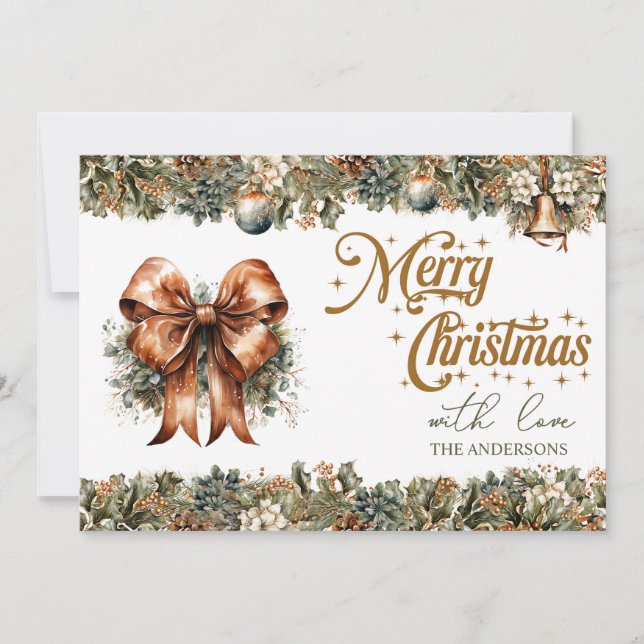 Elegant sage green wreath and faux gold Christmas Holiday Card (Front)