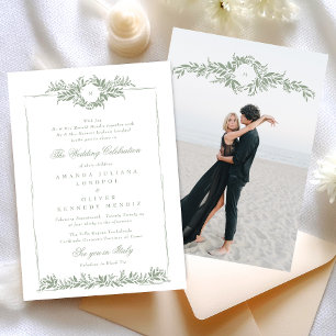 elegant sage green wreath etch frame photo wedding invitation
