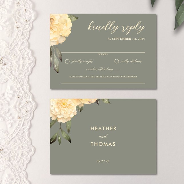 Elegant Sage Green Yellow Floral  RSVP Card (Creator Uploaded)
