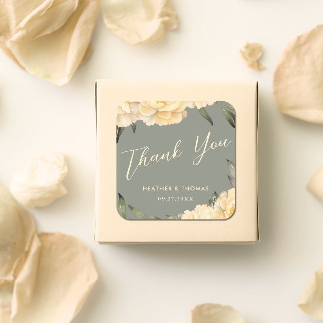 Elegant Sage Green Yellow Floral Thank You Square Sticker (Creator Uploaded)