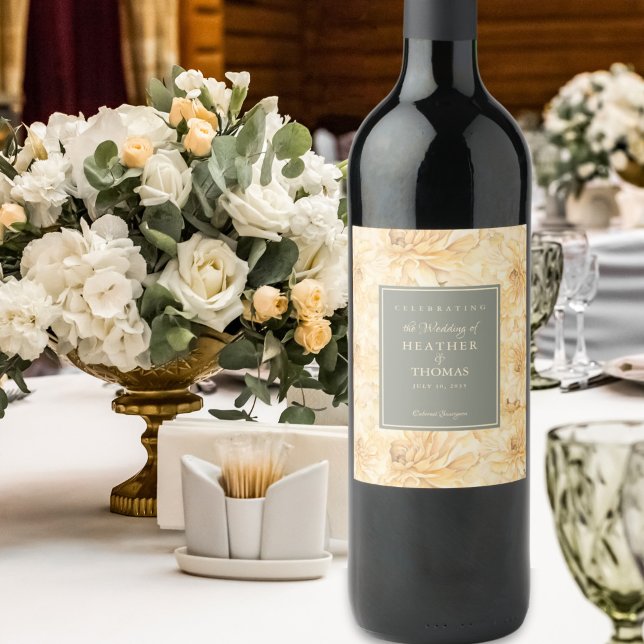 Elegant Sage Green Yellow Floral Wine Label (Creator Uploaded)