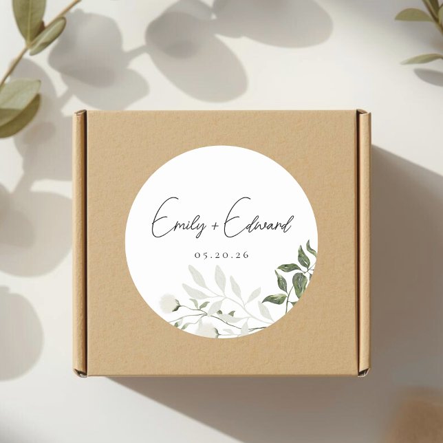 Elegant Sage Greenery and White Floral Wedding Classic Round Sticker (Creator Uploaded)