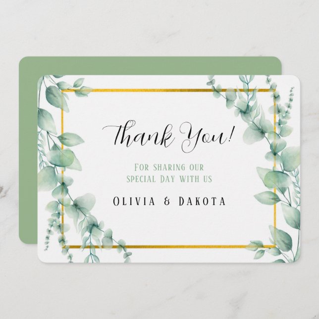 Elegant Sage Greenery Gold Thank You Cards (Front/Back)