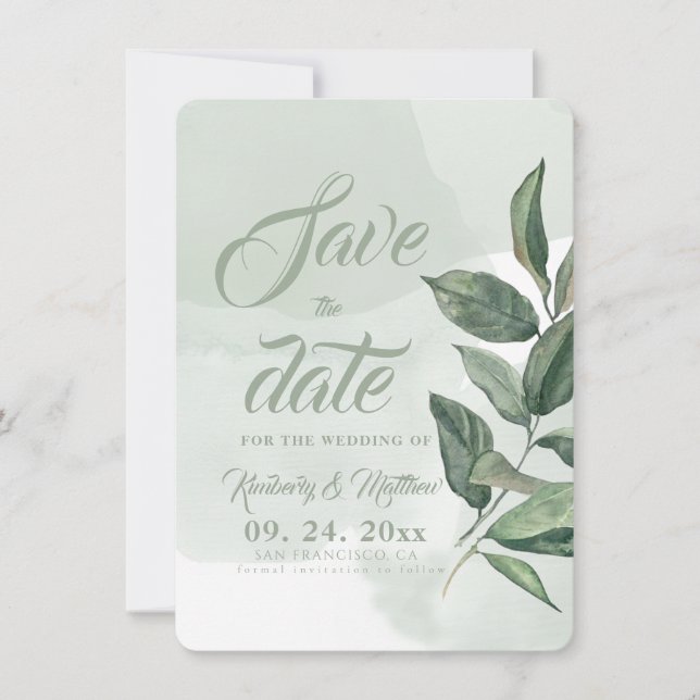 Elegant Sage Greenery Modern Wedding Save The Date (Front)