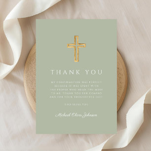 Elegant Sage Grenn Religious Cross Confirmation Thank You Card