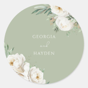 Elegant Sage Leaf & White Floral Wedding Classic Round Sticker