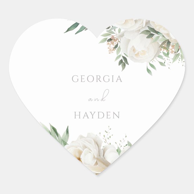 Elegant Sage Leaf & White Floral Wedding Heart Sticker (Front)