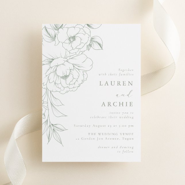 Elegant Sage Line Art Floral Wedding Invitation (Creator Uploaded)