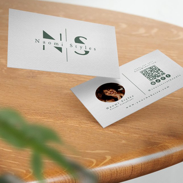 Elegant Sage Minimalist QR Code Professional Photo Business Card (Creator Uploaded)