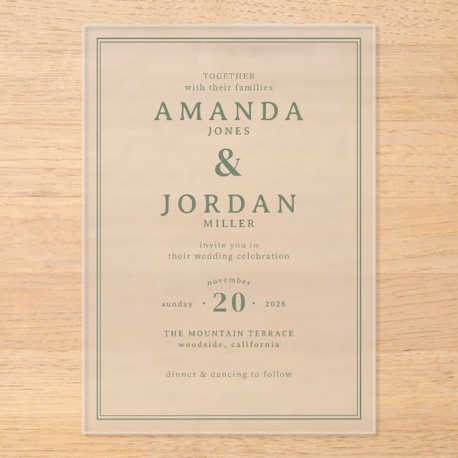 Elegant Sage Minimalist Wedding Acrylic Invitations (Front)