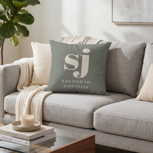 Elegant sage monogram initials  cushion