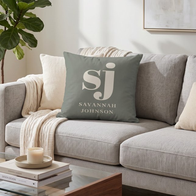 Elegant sage monogram initials  cushion (Creator Uploaded)