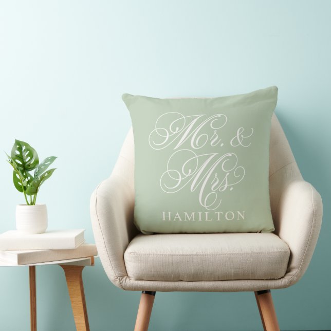 Elegant Sage Mr and Mrs Script Custom Monogram Cushion (Chair)