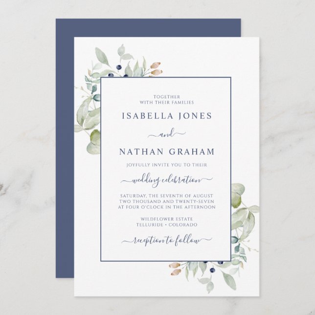 Elegant Sage Navy Watercolor Botanical Wedding Inv Invitation (Front/Back)
