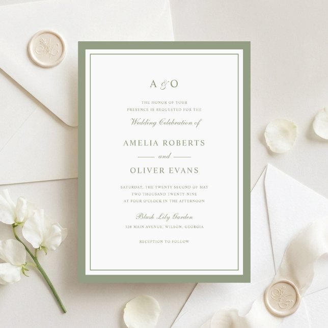 Elegant Sage Olive Green Border Frame Wedding Invitation (Creator Uploaded)