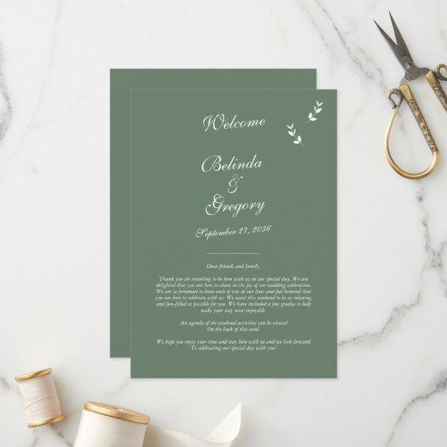 Elegant Sage Olive Green Script Wedding Itinerary Program (Front/Back In Situ)