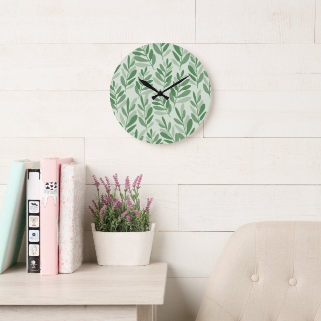 Elegant Sage & Olive Leaf Nature Pattern Large Clock (Reading Room)