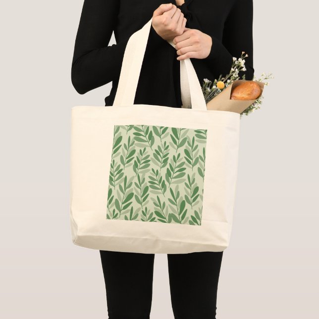 Elegant Sage & Olive Leaf Nature Pattern Large Tote Bag (Front (Product))