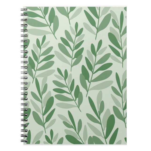 Elegant Sage & Olive Leaf Nature Pattern Notebook (Front)