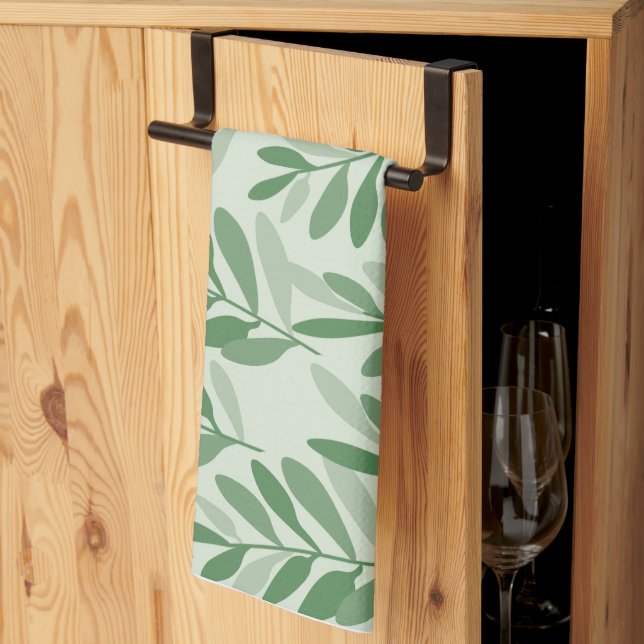 Elegant Sage & Olive Leaf Nature Pattern Tea Towel (Thirds Fold)