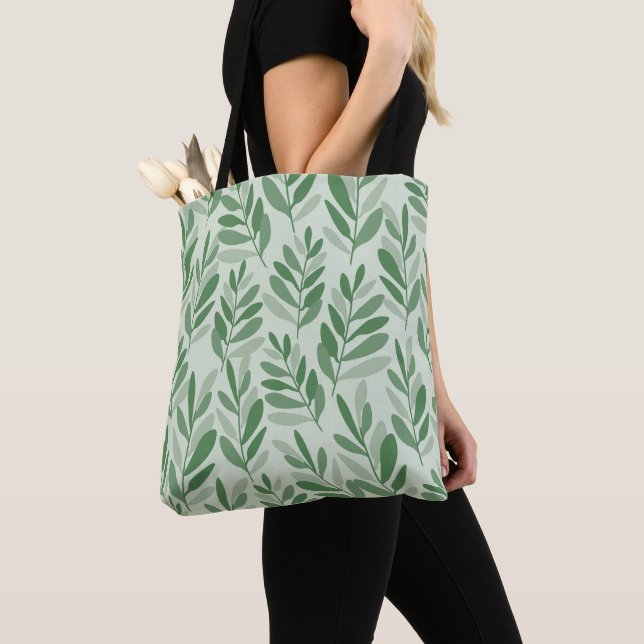 Elegant Sage & Olive Leaf Nature Pattern Tote Bag (Close Up)