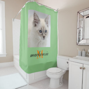 Elegant Sage Orange Monogram Script Custom Photo Shower Curtain