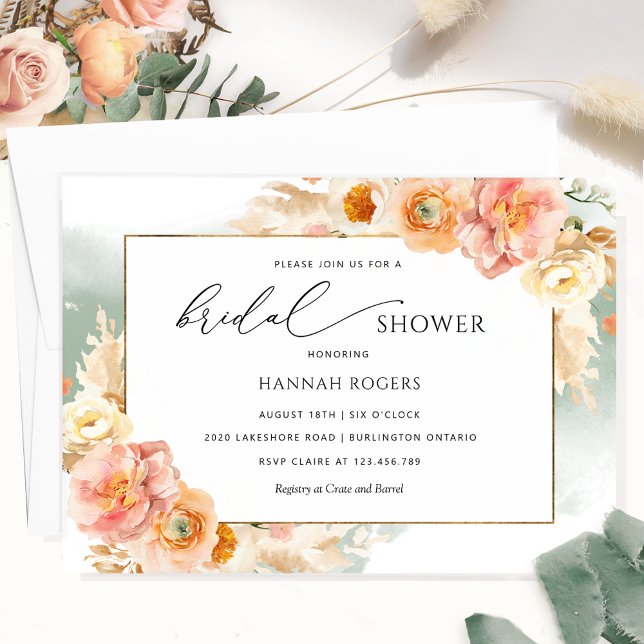 Elegant Sage, Peach and Blush Bridal Shower Invita Invitation (Creator Uploaded)