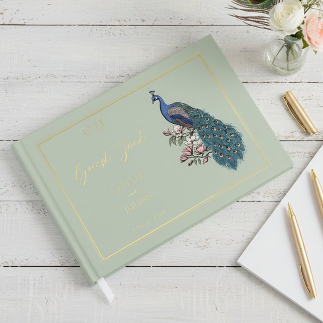 Elegant Sage Peacock Photo Wedding Guest Book (Elegant Modern Sage Floral Peacock Wedding Guest Books. Bird, Ornate Teal Feathers, Chic Gold Foil)