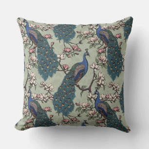 Elegant Sage Peacocks, Magnolia Flowers, Branches Cushion
