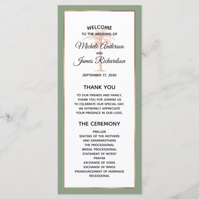 Elegant Sage Rose Gold Copper Palm Tree Wedding Program (Front)