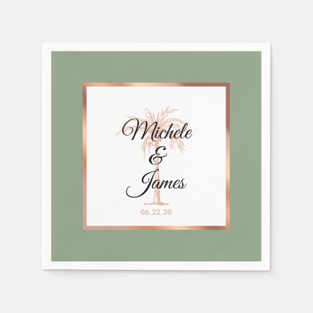 Elegant Sage Rose Gold Palm Tree Tropical Wedding Napkin (Front)