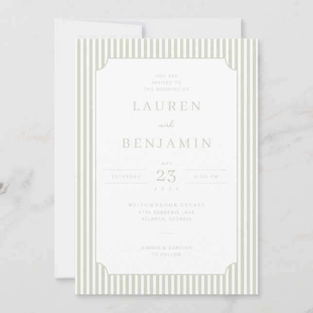 Elegant Sage Striped Wedding Invitation (Front)