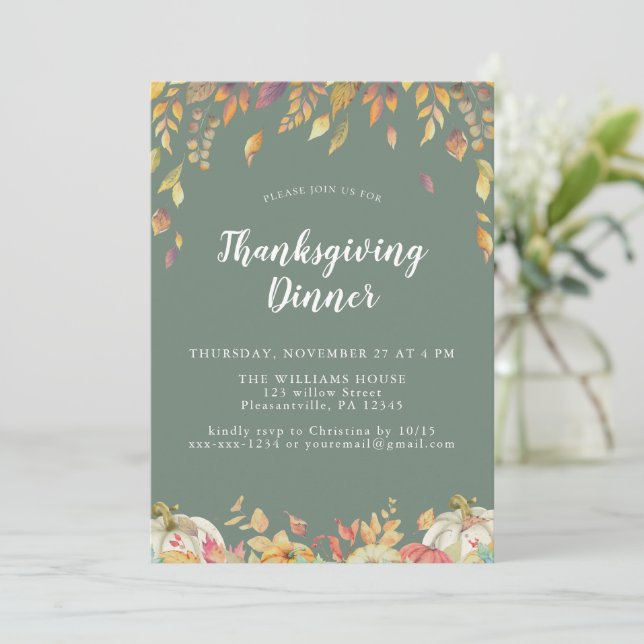 Elegant Sage Thanksgiving Dinner Invitation (Standing Front)