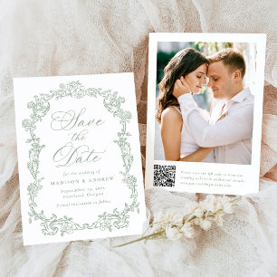 Elegant Sage Victorian Floral QR Code Wedding Save The Date
