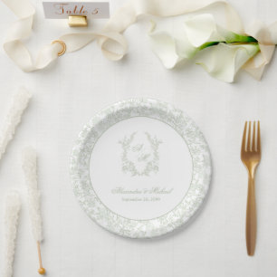 Elegant Sage Vintage Floral Crest Monogram Wedding Paper Plate
