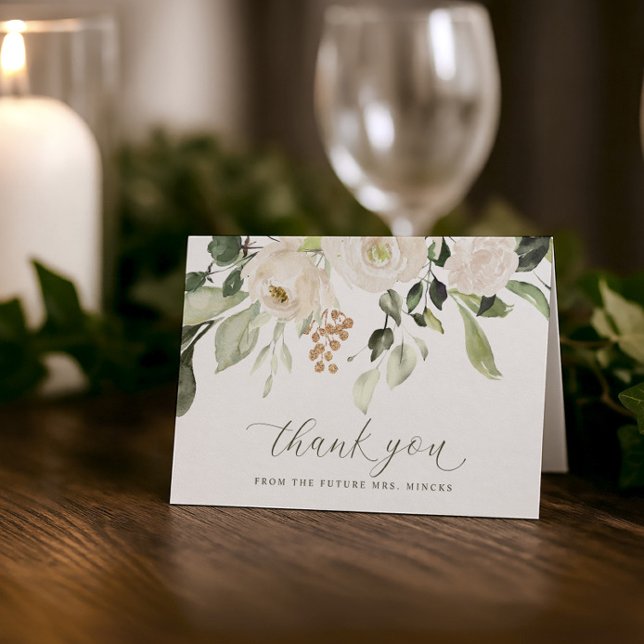 Elegant Sage White Flowers Bridal Shower Wedding Thank You Card (Elegant script bridal shower thank you cards with watercolor greenery and white florals)