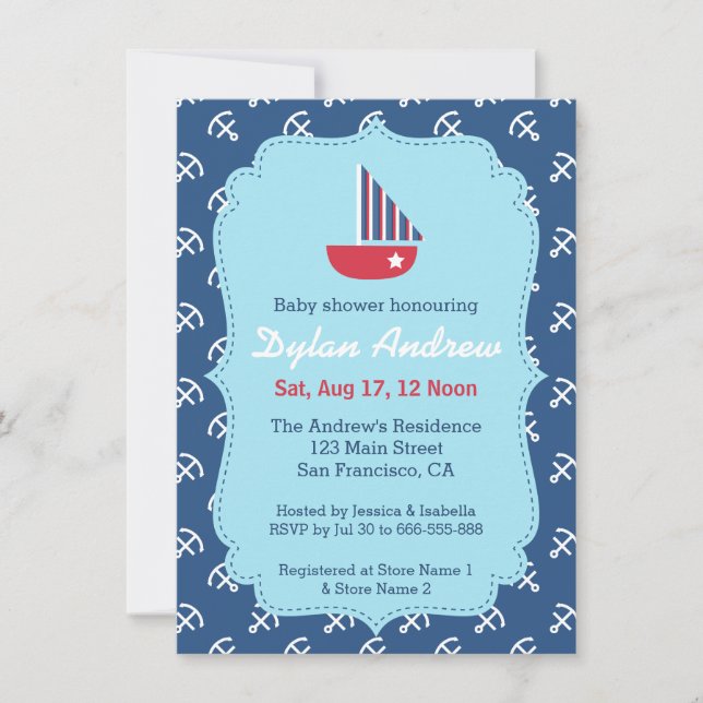 Elegant Sailboat Anchor Nautical baby shower Invitation (Front)