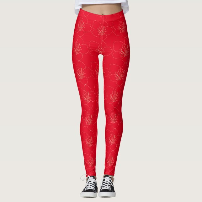 Elegant Sakura Blossom Gold Red Japanese Line Art Leggings (Front)