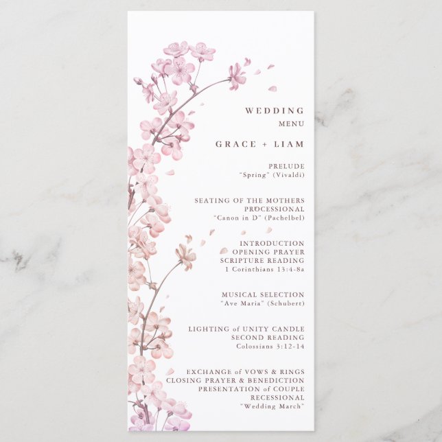 Elegant Sakura Branch spring wedding menu (Front)