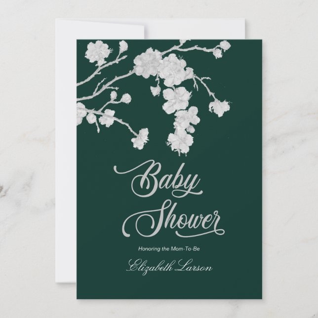 Elegant Sakura Cherry Blossoms Baby Shower Green Invitation (Front)