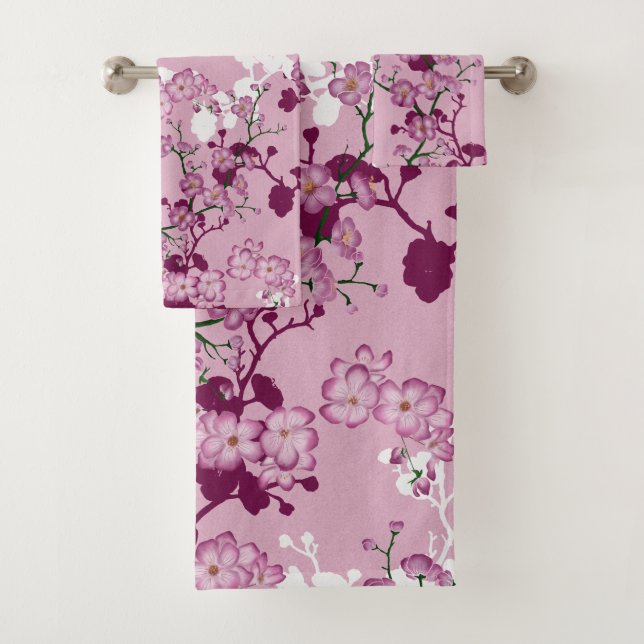 Elegant Sakura Pink Burgundy White Cherry Blossoms Bath Towel Set (Insitu)