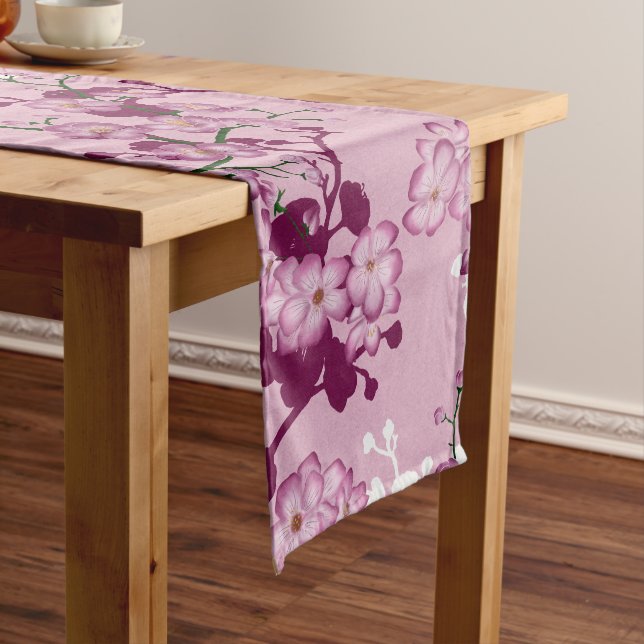 Elegant Sakura Pink Burgundy White Cherry Blossoms Long Table Runner (In Situ)