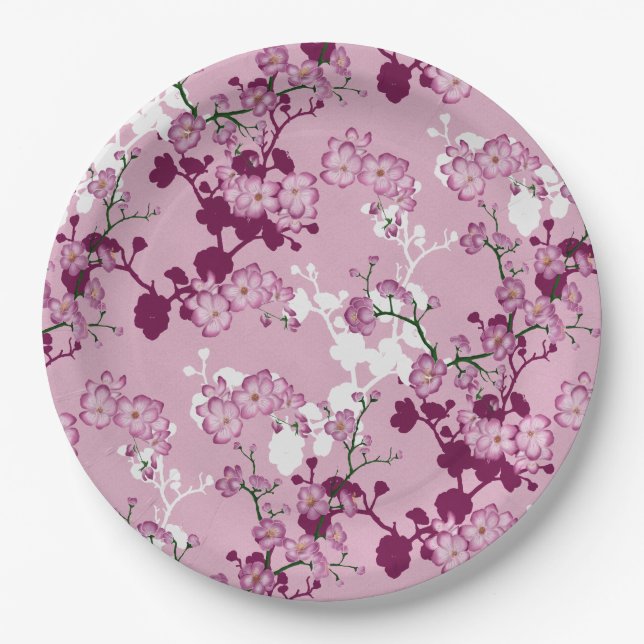 Elegant Sakura Pink Burgundy White Cherry Blossoms Paper Plate (Front)