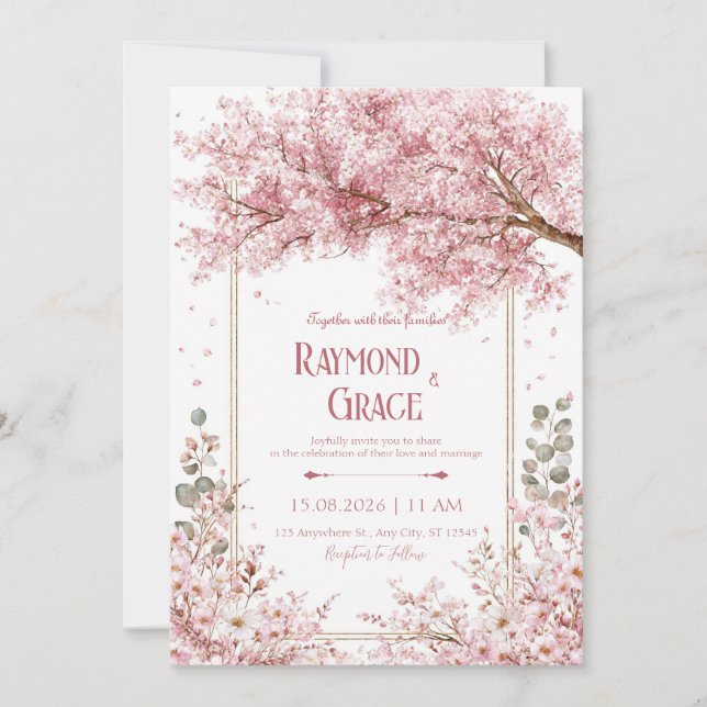 Elegant Sakura Pink Cherry Blossom Wedding Invitation (Front)