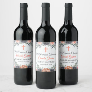 Elegant salmon coloured First Communion in Spanish Wine Label