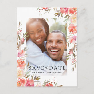 Elegant Salmon Pink Floral Photo Save the Date Announcement Postcard