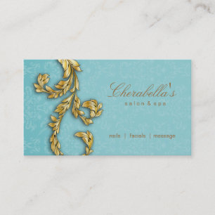 Elegant Salon Spa Floral Gold Leaf Blue Business Card