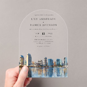 Elegant San Diego Skyline Watercolor Wedding Arch Acrylic Invitations