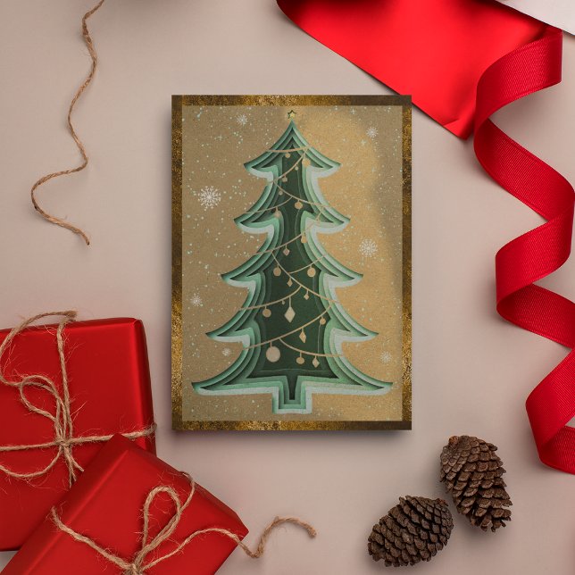 Elegant Sand Brown Glitter Papercut Christmas Tree Holiday Card (Front)